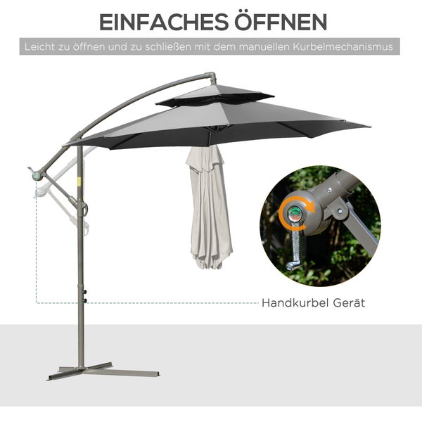 Outsunny Sonnenschirm Ampelschirm Ø2,67 x 2,45 m Kurbelschirm mit Doppeldach Kreuzbasis Stahl Outdoor Sonnenschutz Polyester Stahl Hellgrau