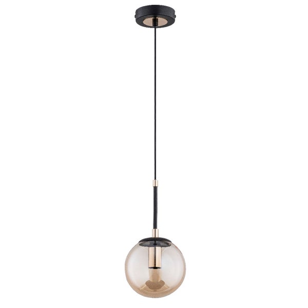Moderne Hängeleuchte mit einer Glaskugel und metallischen Elementen zur stilvollen Innenbeleuchtung.