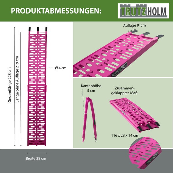 TRUTZHOLM 1 x Auffahrrampe klappbar 228 cm Traglast 340 kg Alu pink gelocht Rampe Motorradrampe