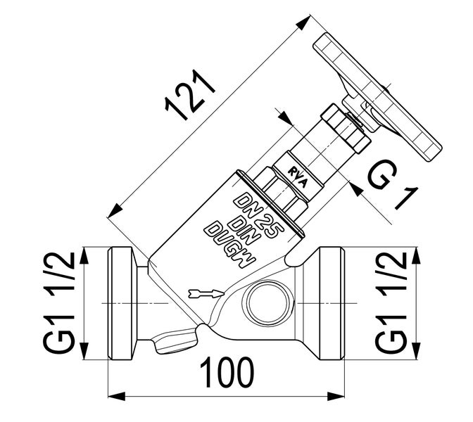 Technische Zeichnung Schrägsitzventil mit Maßen: Länge 100 Millimeter, Höhe 121 Millimeter, Anschlüsse G 1 1/2, Nennweite DN 25, DVGW zertifiziert.