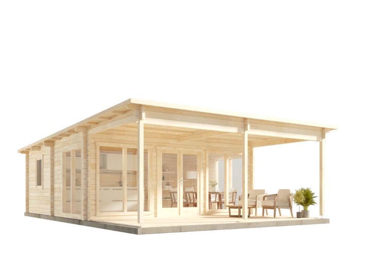 Alpholz Garten-und Freizeithaus Carroz-Modern 70 ISO Blockhaus aus Holz, Holzhaus mit 70 mm Wandstärke inklusive Terrasse, Blockbohlenhaus mit Montagematerial, Naturbelassen 6x9m