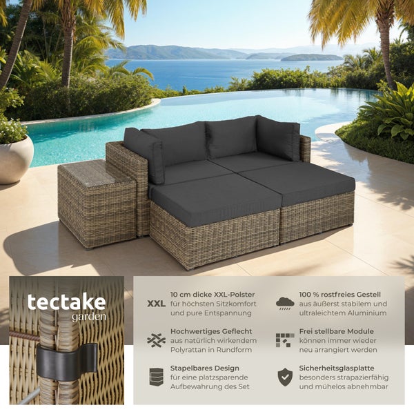 Rattan Lounge tectake San Domino mit Sicherheitsglasplatte mit Aluminiumgestell natur