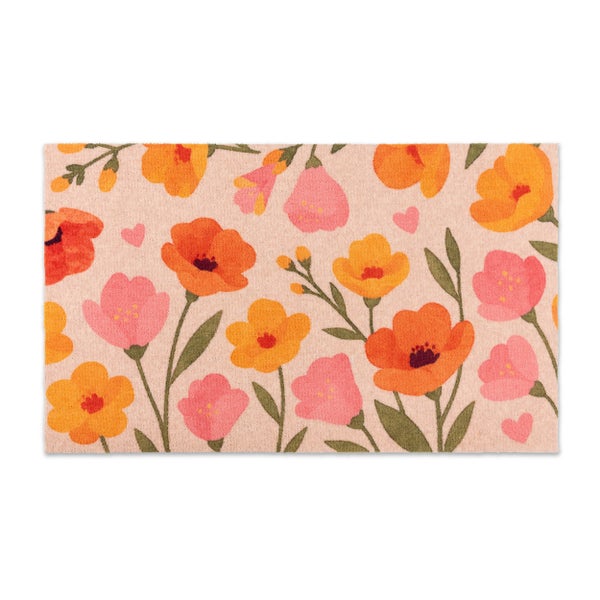 Rechteckige Fußmatte mit einem floralen Muster aus verschiedenen Blumen und Blättern.