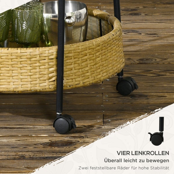 Outsunny Servierwagen Rattan Trolley mit 2 Regalen, Φ50 x 66 cm, Stahl, Gelb