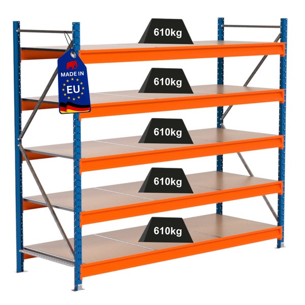 Schwerlastregal mit fünf Ebenen, Traglast 610 kg pro Ebene und Hergestellt in der EU Kennzeichnung.