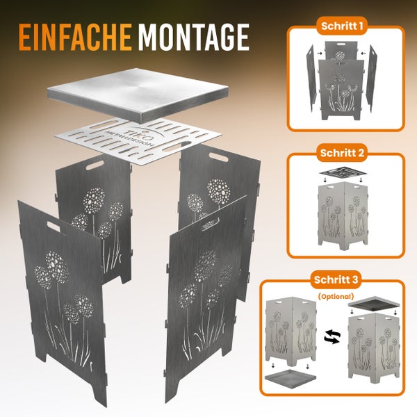 Abbildung der Montage einer Feuerstelle aus Metall mit Blumendekor