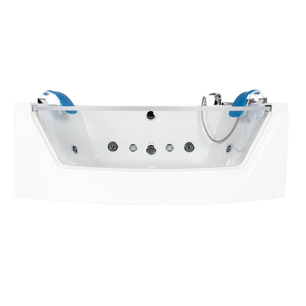Whirlpool Badewanne mit Glasfront und integrierter Armatur sowie zwei Kopfstützen
