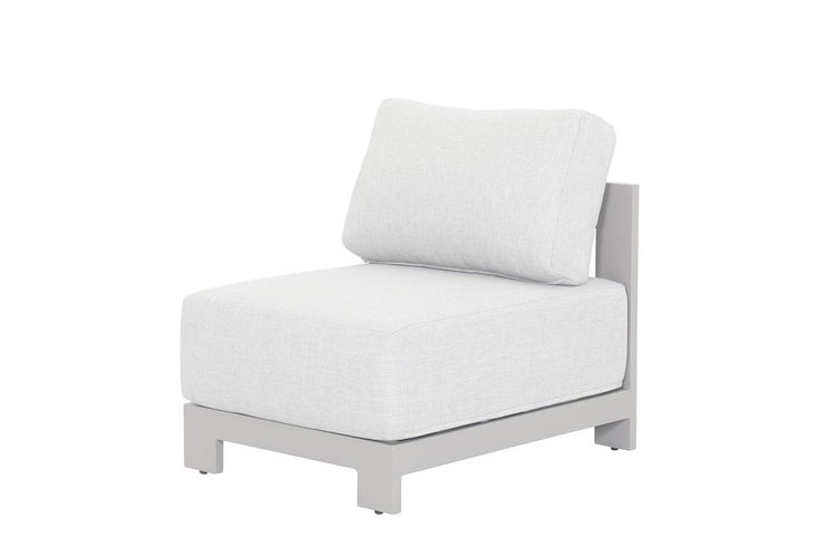 Modulares Gartensofa-Mittelteil mit hellgrauen Polstern und grauem Metallgestell.