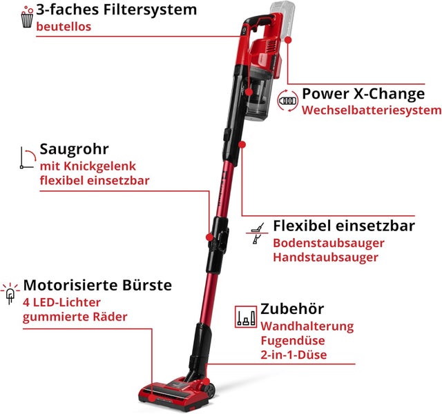 Einhell beutelloser Akku-Staubsauger mit Knickgelenk, motorisierter Bürste und Power X-Change System. Als Hand- oder Bodenstaubsauger nutzbar.