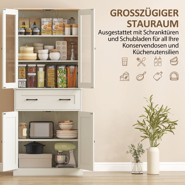 Heller, organisierter Küchenschrank mit reichlich Stauraum, offenen Glastüren und Schublade, gefüllt mit Geschirr, Vorratsbehältern und Geräten.
