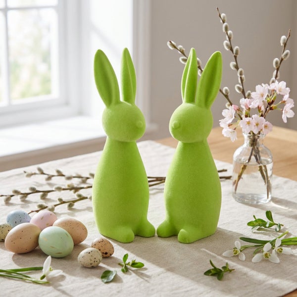 Zwei dekorative Osterhasen aus beflocktem Material als Tischdekoration mit Ostereiern und Frühlingsblumen auf einem Leinentischläufer.