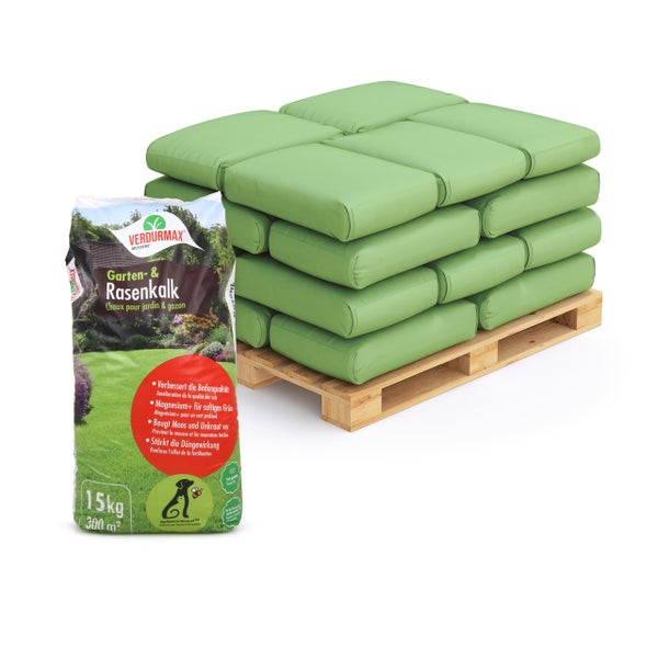 Palette mit mehreren Säcken Garten- und Rasenkalk neben einem Sack mit dem Verdurmax Logo