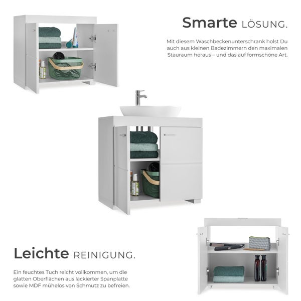 Weißer Waschbeckenunterschrank für das Badezimmer mit zwei Türen, Regalfächern und Staufläche für Handtücher und Badutensilien.