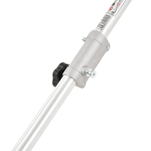 Detailansicht eines silberfarbenen Rasentrimmer-Teleskopstiels mit Befestigungselementen