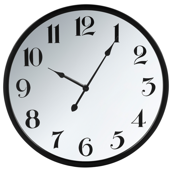 Analoge Wanduhr mit rundem Rahmen und arabischen Ziffern auf hellem Zifferblatt.