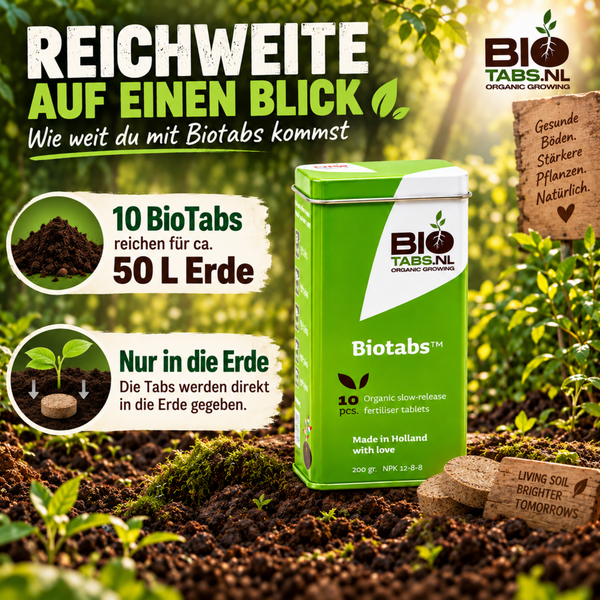 BioTabs organische Langzeitduenger Tabletten in Metalldose zur Anwendung in Pflanzenerde mit Informationen zur Dosierung und Anwendung.