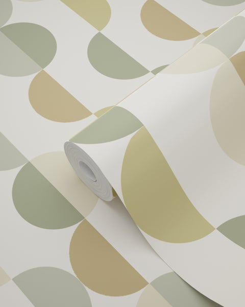 Vliestapete mit geometrischem Muster aus Halbkreisen in Grün und Beige.