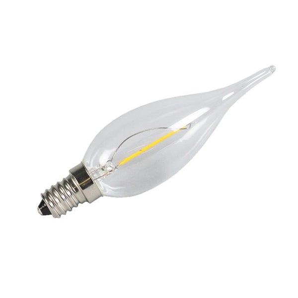 LED-Filament-Leuchtmittel in Windstoßkerzenform mit E14-Sockel aus klarem Glas.