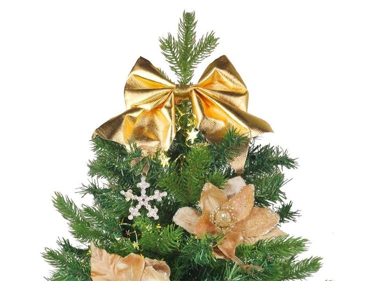 Weihnachtsbaumspitze mit goldener Schleife und weihnachtlicher Dekoration zur Dekoration am Tannenbaum
