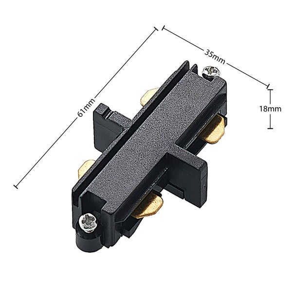 Schienensystem-Verbinder aus Kunststoff mit Metallkontakten, 61 Millimeter Länge, 35 Millimeter Breite, 18 Millimeter Höhe.