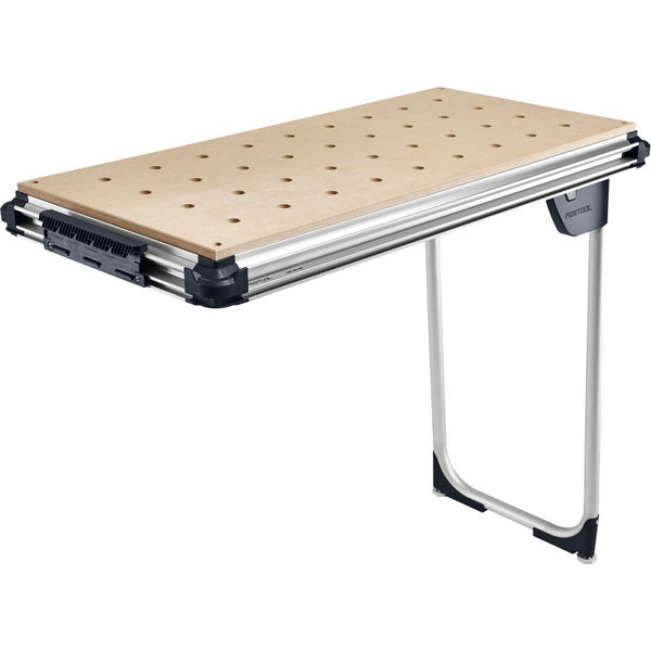 Festool Multifunktionstisch-Verlängerung mit gelochter Holzplatte und Aluminiumprofil.