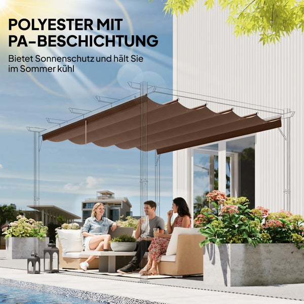 Pergola mit braunem Sonnenschutz aus Polyester mit Polyamid-Beschichtung über einer hellen Terrasse mit Sitzgruppe und Pool.