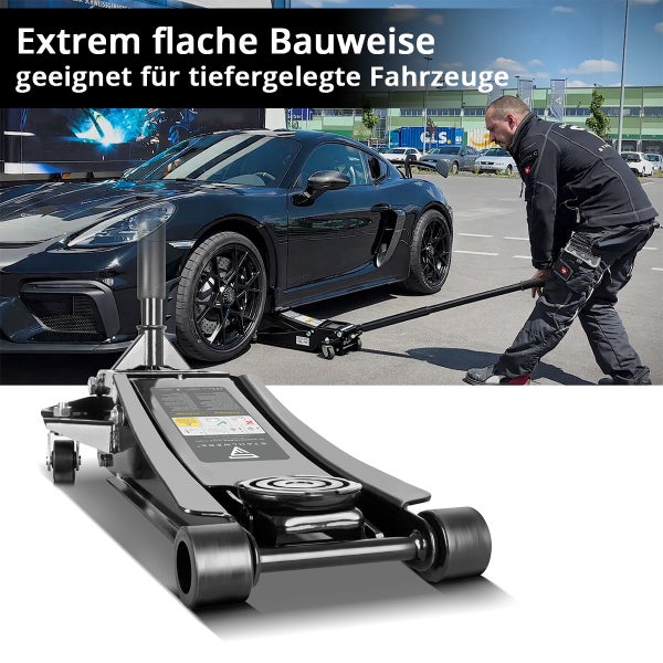 Flacher hydraulischer Rangierwagenheber für tiefergelegte Fahrzeuge im Einsatz an einem Sportwagen.