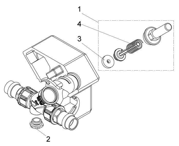 Technische Zeichnung einer Ventilbaugruppe mit nummerierten Ersatzteilen wie Feder, Dichtung und Verschlussstopfen.