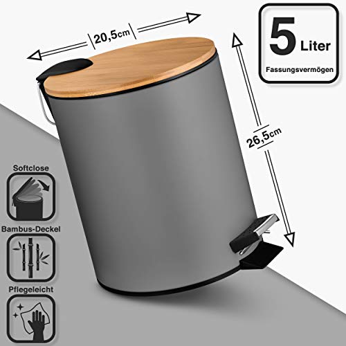 VMbathrooms 5L Kosmetikeimer in edlem grauem Design | Tretmülleimer mit Absenkautomatik (Soft Close) | Eleganter Eimer fürs Bad mit Innenbehälter und Bambus-Holzdeckel