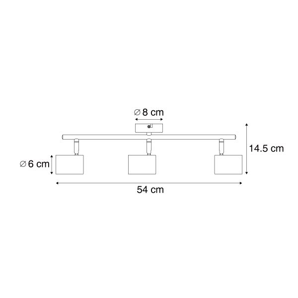 Maßzeichnung einer Deckenleuchte mit drei Strahlern, 54 Zentimeter breit, 14,5 Zentimeter hoch, Strahlerdurchmesser 6 Zentimeter.