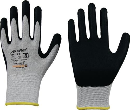 Arbeitshandschuhe LeikaFlex mit schwarzer Beschichtung und Oeko-Tex-Zertifizierung.