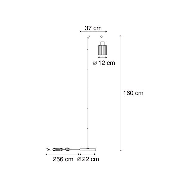 Maßskizze Stehleuchte: Höhe 160 Zentimeter, Breite 37 Zentimeter, Schirm 12 Zentimeter, Fuß 22 Zentimeter, Kabellänge 256 Zentimeter.