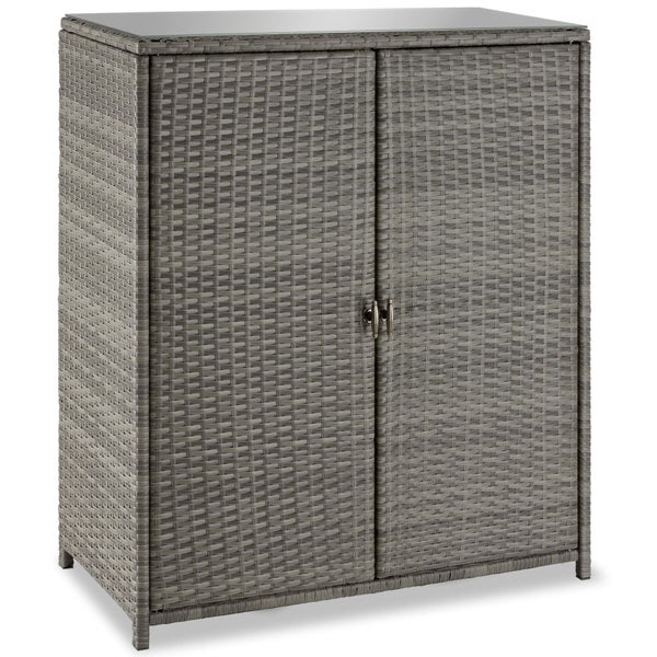 Grauer Gartenschrank aus Polyrattan-Geflecht mit zwei Türen und Glasplatte.