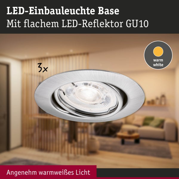LED-Einbauleuchte Base mit flachem LED-Reflektor GU10, drei Stück, warmweißes Licht, Metall gebürstet.