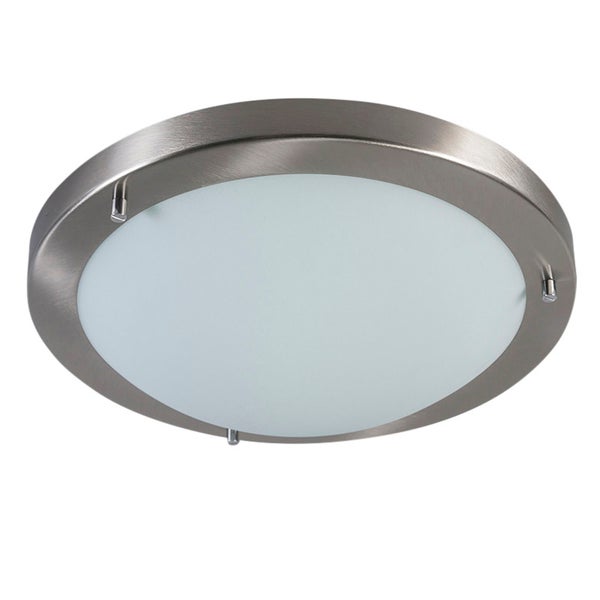 Runde Deckenleuchte mit Rahmen aus gebürstetem Metall und Abdeckung aus weißem satiniertem Glas.