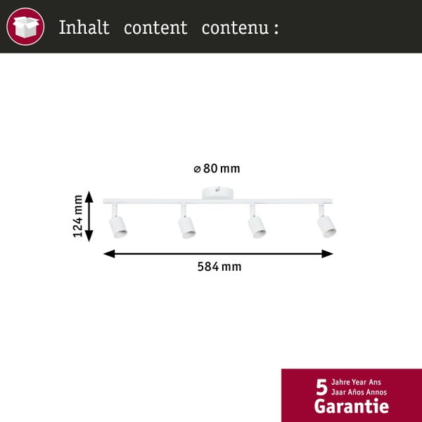 Vierflammiger Deckenstrahler: Länge 584 Millimeter, Höhe 124 Millimeter, Durchmesser Deckenhalterung 80 Millimeter. 5 Jahre Garantie.