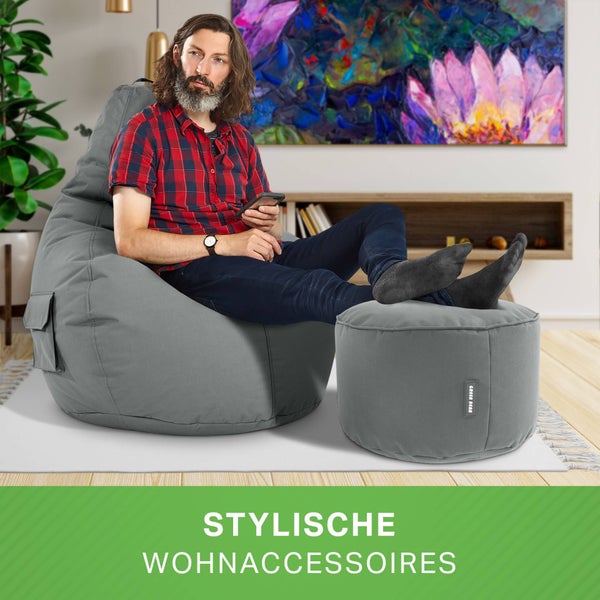Green Bean 2er Set Sitzsack + Hocker - fertig befüllt - robust waschbar schmutzabweisend - Kinder & Erwachsene Bean Bag Bodenkissen Lounge Sitzhocker Relax-Sessel Gamer Gamingstuhl Pouf - Grau