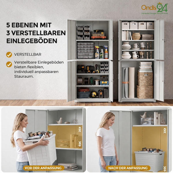 Zwei organisierte Metallschränke mit fünf Ebenen und drei verstellbaren Einlegeböden für Werkzeug und Haushalt, Ondis 24 Logo.