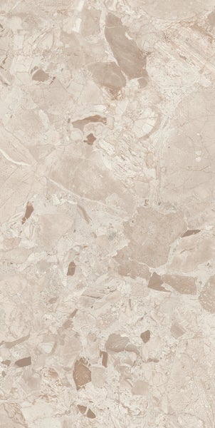 Beige Bodenfliese in Natursteinoptik mit Marmor-Musterung und Fragmenten.