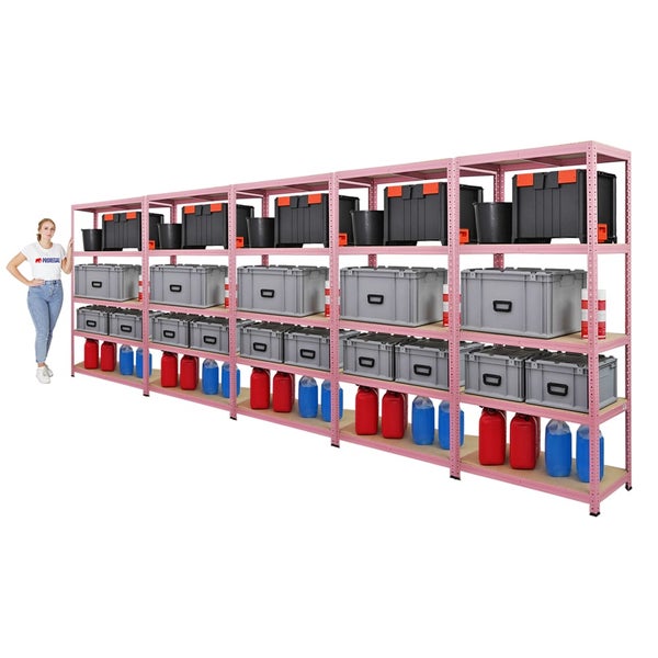 PROREGAL Mega Deal 5x Schwerlastregal PINK LADY, HxBxT 180x90x40cm, Fachlast 175kg, 5 Ebenen, Pink, Kellerregal, Steckregal, Garagenregal, Lagerregal