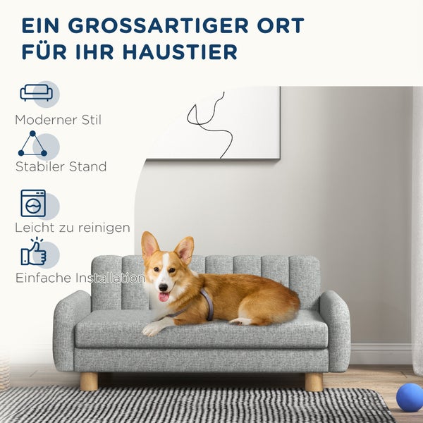 PawHut Hundesofa Haustiersofa Hundecouch Hundebett mit weichem Kissen, Erhöhter Hundesessel für mittelgroße Hunde, Leinenimitat, Grau, 94 x 61 x 40 cm