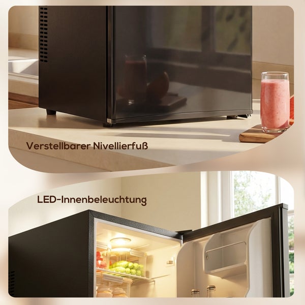 Schwarzer Mini-Kühlschrank mit verstellbarem Nivellierfuß und heller LED-Innenbeleuchtung.