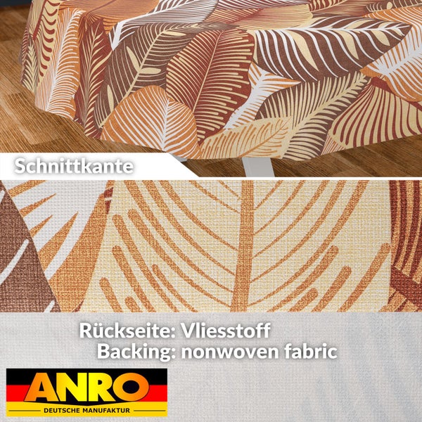 Tischdecke mit Blattmuster, Schnittkante und Vliesrückseite, ANRO Logo.