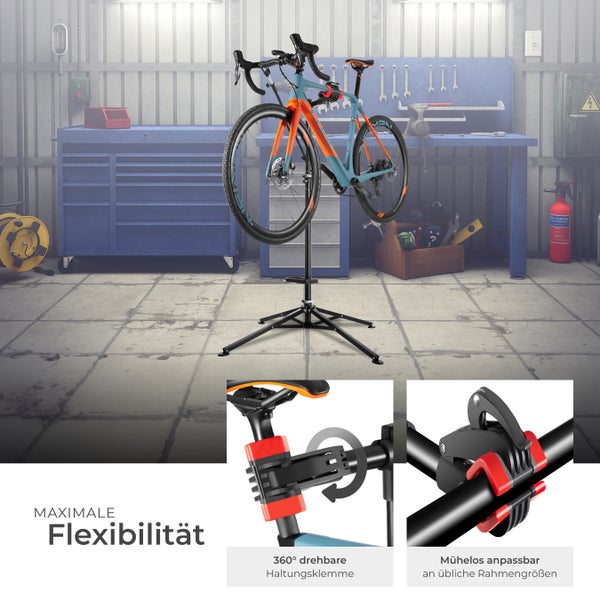 Fahrradmontageständer tectake  inklusive Werkzeugablage klappbar, für alle gängigen Modelle schwarz