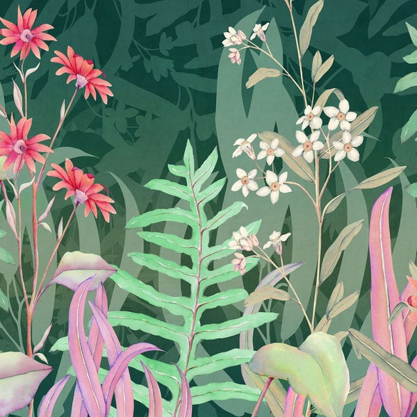 Illustration eines dichten Dschungels mit verschiedenen tropischen Pflanzen und Blumen