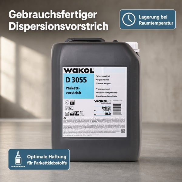 Kanister mit Wakol D 3055 Dispersionsvorstrich fuer Parkettboden, 10 Kilogramm Inhalt fuer optimale Haftung bei Raumtemperatur lagerbar.