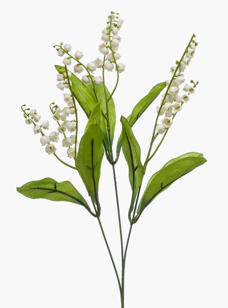 Künstlicher Maiglöckchenzweig mit weißen Blüten und grünen Blättern.