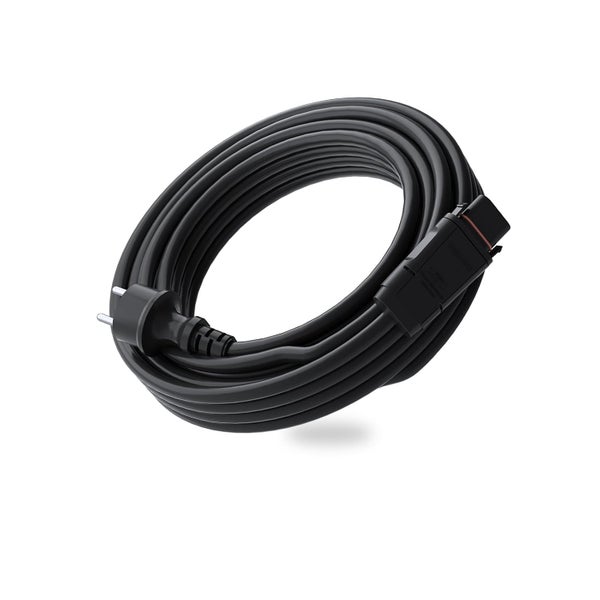 Aufgewickeltes Netzkabel mit Schutzkontaktstecker und spezifischem Anschlussstecker für Elektrogeräte