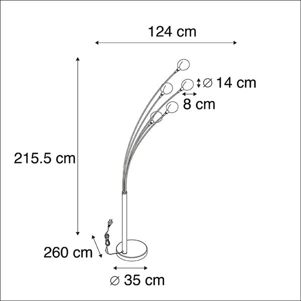 Maßzeichnung einer Stehlampe mit den Maßen: Höhe 215,5 cm, Ausladung 124 cm, Kabellänge 260 cm, Durchmesser Fuß 35 cm, Durchmesser Lampenschirm 14 cm, Abstand Lampenschirme 8 cm.