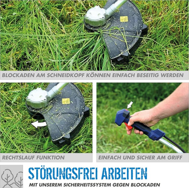 Rasentrimmer mit Rechtslauf-Funktion zum Lösen von Blockaden am Schneidkopf und ergonomischer Handgriff mit Sicherheitssystem.